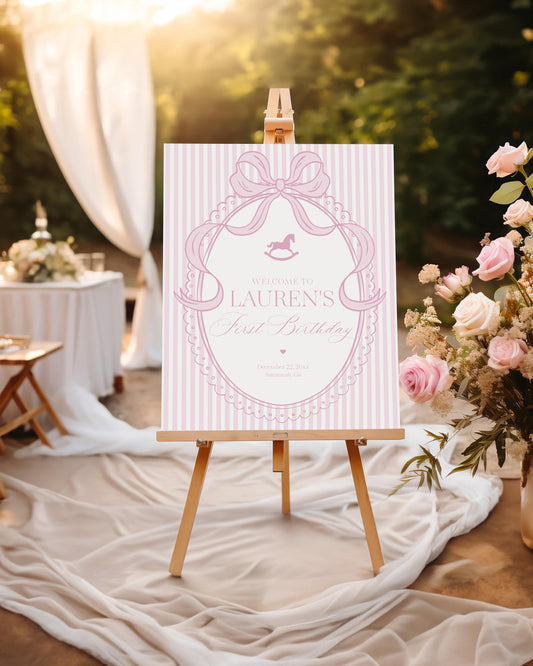 Pink Coquette Bow Rocking Horse Birthday Party Welcome Sign Template, Striped Preppy Baby Sprinkle WP1094