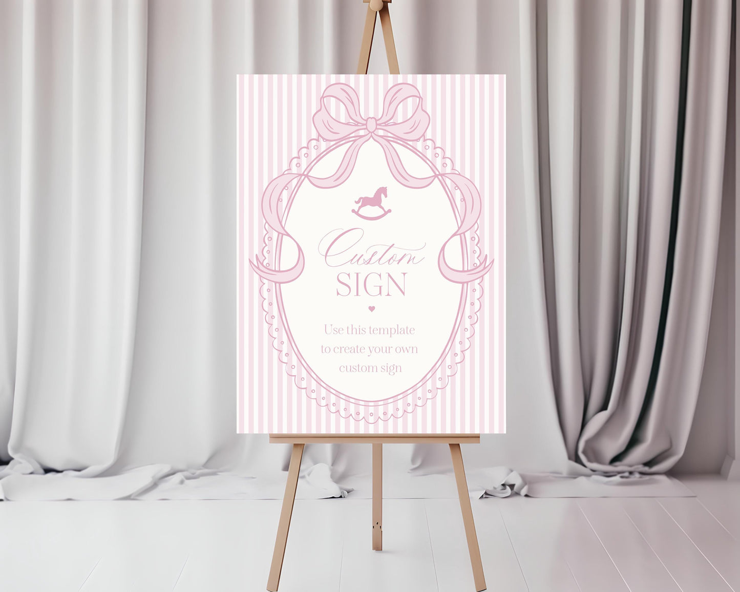 Pink Coquette Bow Rocking Horse Custom Sign Template, Striped Preppy Baby Shower, Classic First Birthday Party WP1094