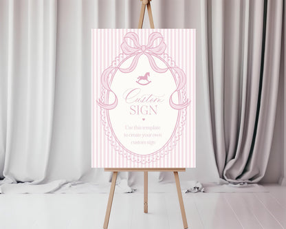 Pink Coquette Bow Rocking Horse Custom Sign Template, Striped Preppy Baby Shower, Classic First Birthday Party WP1094