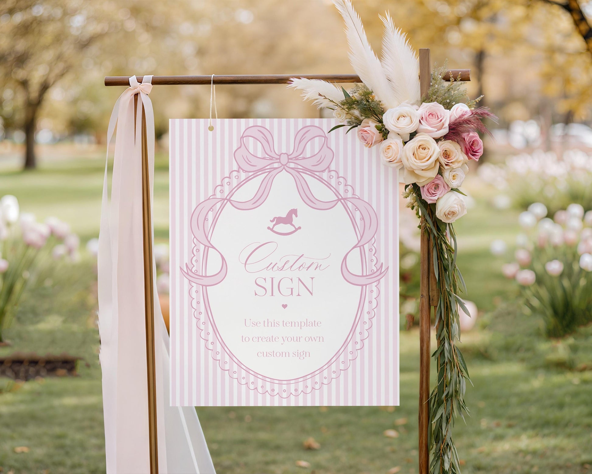 Pink Coquette Bow Rocking Horse Custom Sign Template, Striped Preppy Baby Shower, Classic First Birthday Party WP1094