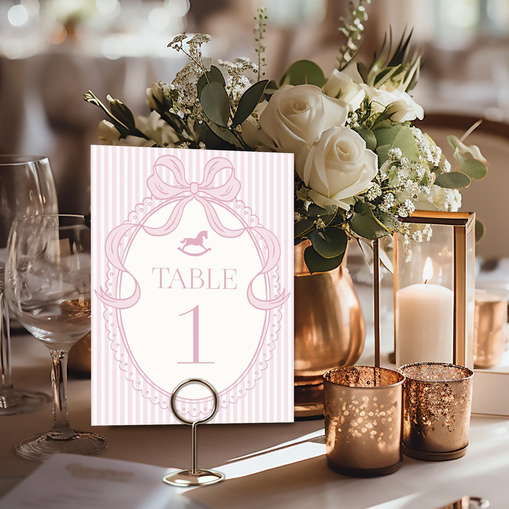 Pink Coquette Bow Rocking Horse Table Number Cards Template, Striped Preppy Baby Shower, Classic First Birthday Party WP1094