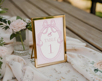 Pink Coquette Bow Rocking Horse Table Number Cards Template, Striped Preppy Baby Shower, Classic First Birthday Party WP1094