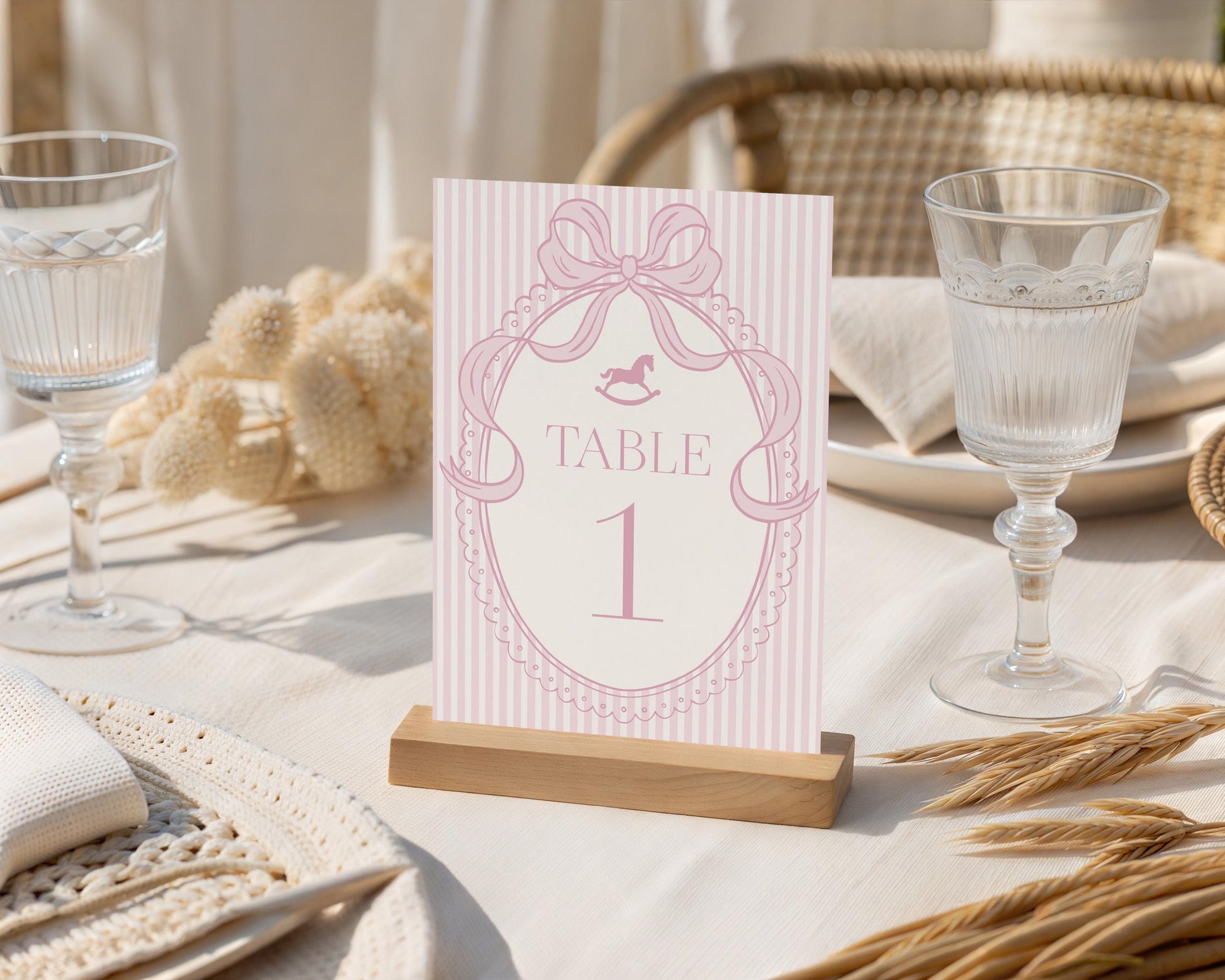 Pink Coquette Bow Rocking Horse Table Number Cards Template, Striped Preppy Baby Shower, Classic First Birthday Party WP1094