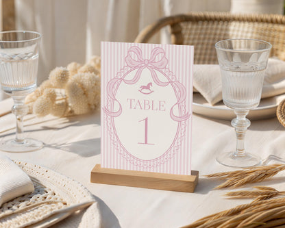 Pink Coquette Bow Rocking Horse Table Number Cards Template, Striped Preppy Baby Shower, Classic First Birthday Party WP1094