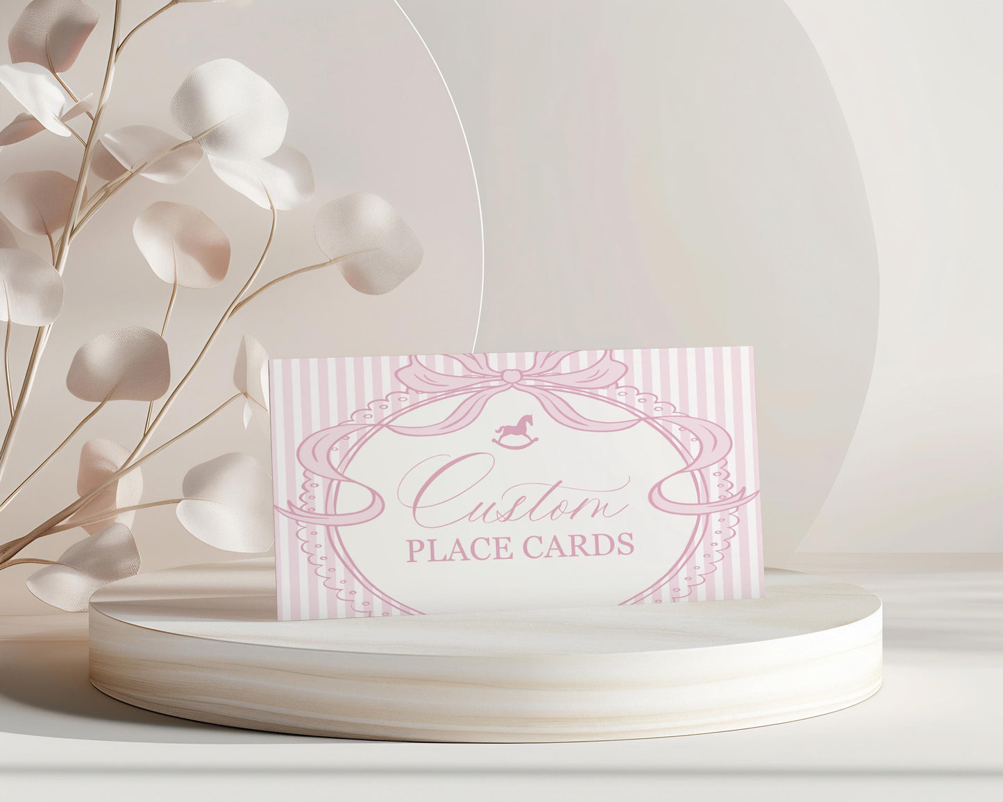 Pink Coquette Bow Rocking Horse Place Cards Template, Striped Preppy Baby Shower, Classic First Birthday Party WP1094