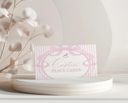 Pink Coquette Bow Rocking Horse Place Cards Template, Striped Preppy Baby Shower, Classic First Birthday Party WP1094