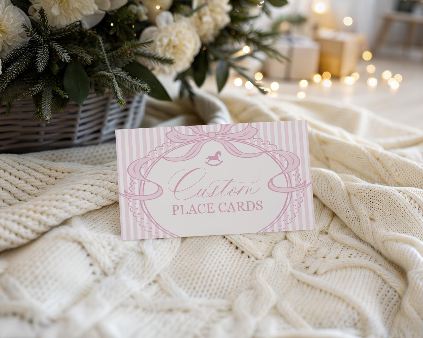 Pink Coquette Bow Rocking Horse Place Cards Template, Striped Preppy Baby Shower, Classic First Birthday Party WP1094