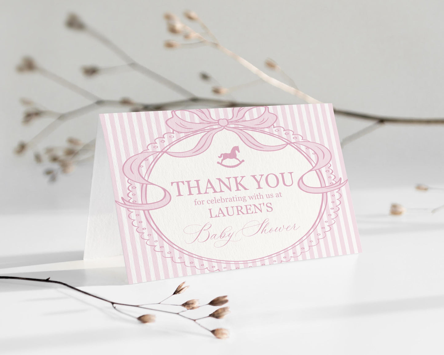 Pink Coquette Bow Rocking Horse Thank You Card Template, Striped Preppy Baby Shower, Classic First Birthday Party WP1094