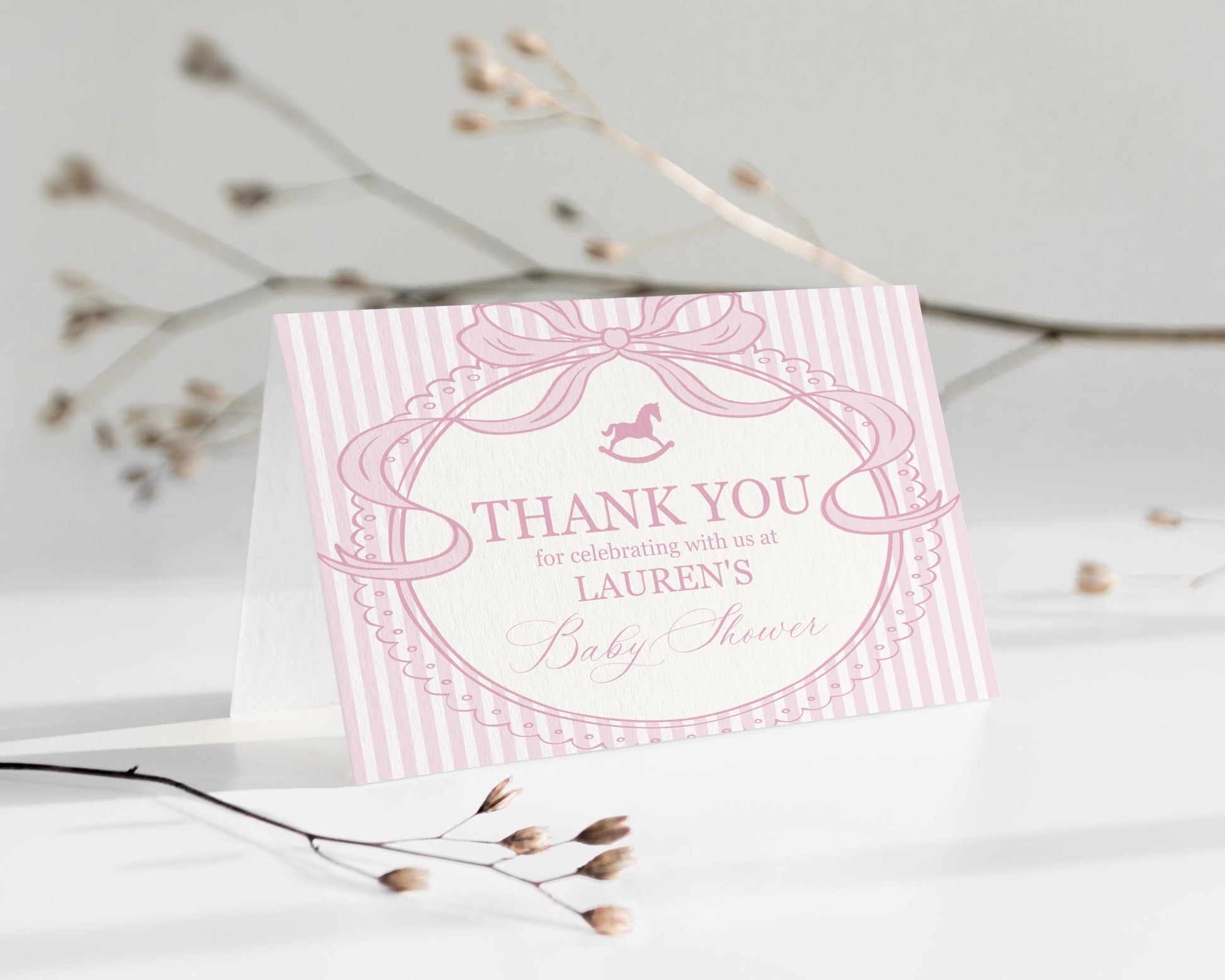 Pink Coquette Bow Rocking Horse Thank You Card Template, Striped Preppy Baby Shower, Classic First Birthday Party WP1094