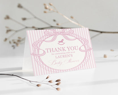 Pink Coquette Bow Rocking Horse Thank You Card Template, Striped Preppy Baby Shower, Classic First Birthday Party WP1094
