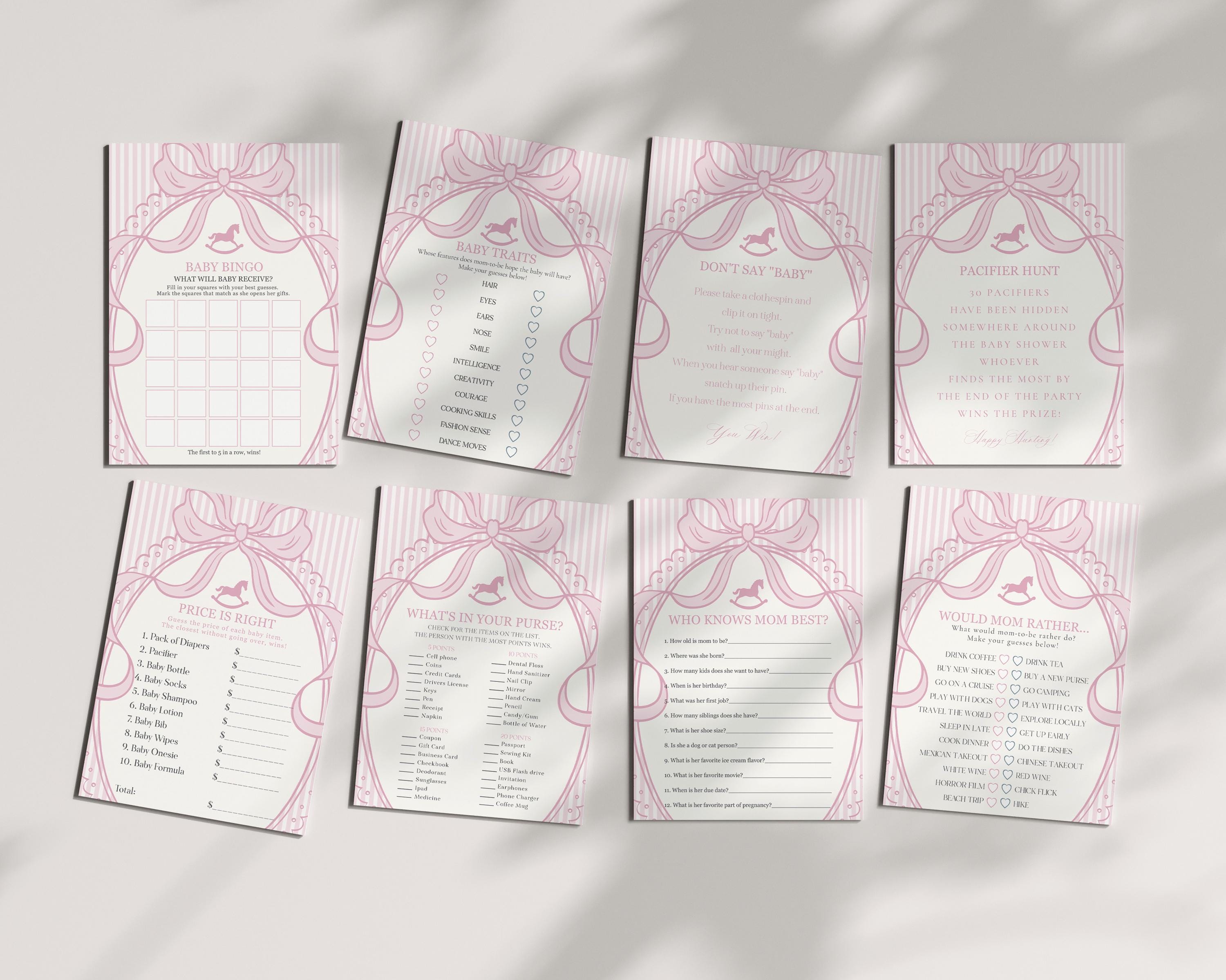 Pink Coquette Bow Rocking Horse Baby Shower Games Template, Striped Preppy Baby Sprinkle, Heirloom Inspired Brunch with Mom to Be WP1094