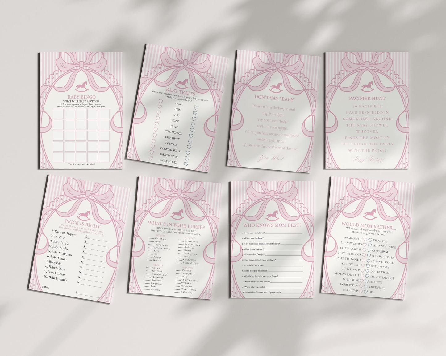 Pink Coquette Bow Rocking Horse Baby Shower Games Template, Striped Preppy Baby Sprinkle, Heirloom Inspired Brunch with Mom to Be WP1094