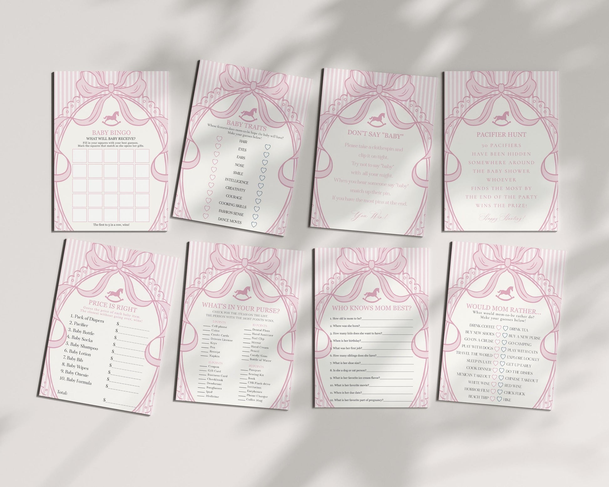 Pink Coquette Bow Rocking Horse Baby Shower Games Template, Striped Preppy Baby Sprinkle, Heirloom Inspired Brunch with Mom to Be WP1094