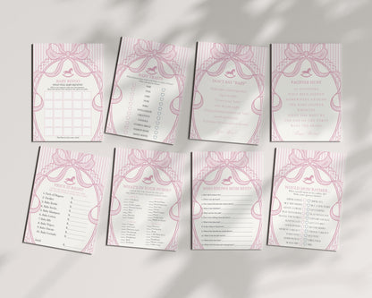 Pink Coquette Bow Rocking Horse Baby Shower Games Template, Striped Preppy Baby Sprinkle, Heirloom Inspired Brunch with Mom to Be WP1094