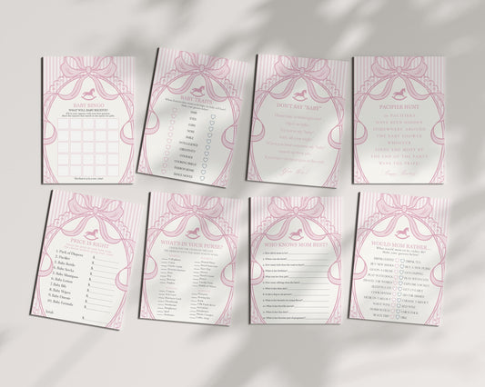Pink Coquette Bow Rocking Horse Baby Shower Games Template, Striped Preppy Baby Sprinkle, Heirloom Inspired Brunch with Mom to Be WP1094