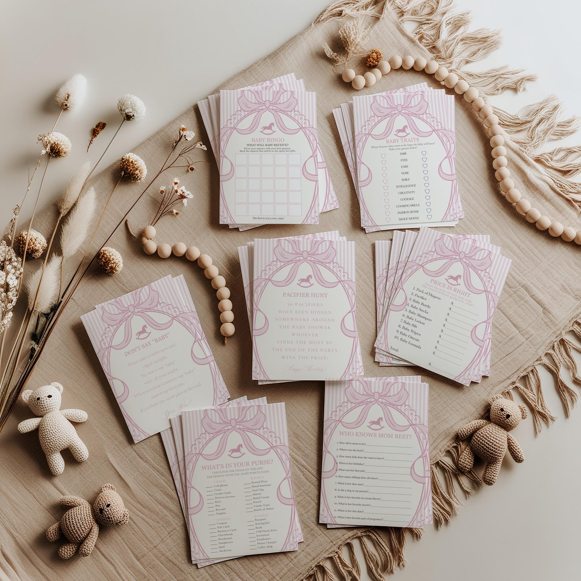 Pink Coquette Bow Rocking Horse Baby Shower Games Template, Striped Preppy Baby Sprinkle, Heirloom Inspired Brunch with Mom to Be WP1094