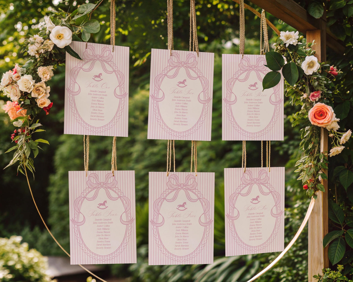 Pink Coquette Bow Rocking Horse Seating Chart Cards Template, Striped Preppy Baby Shower, Classic First Birthday Party WP1094