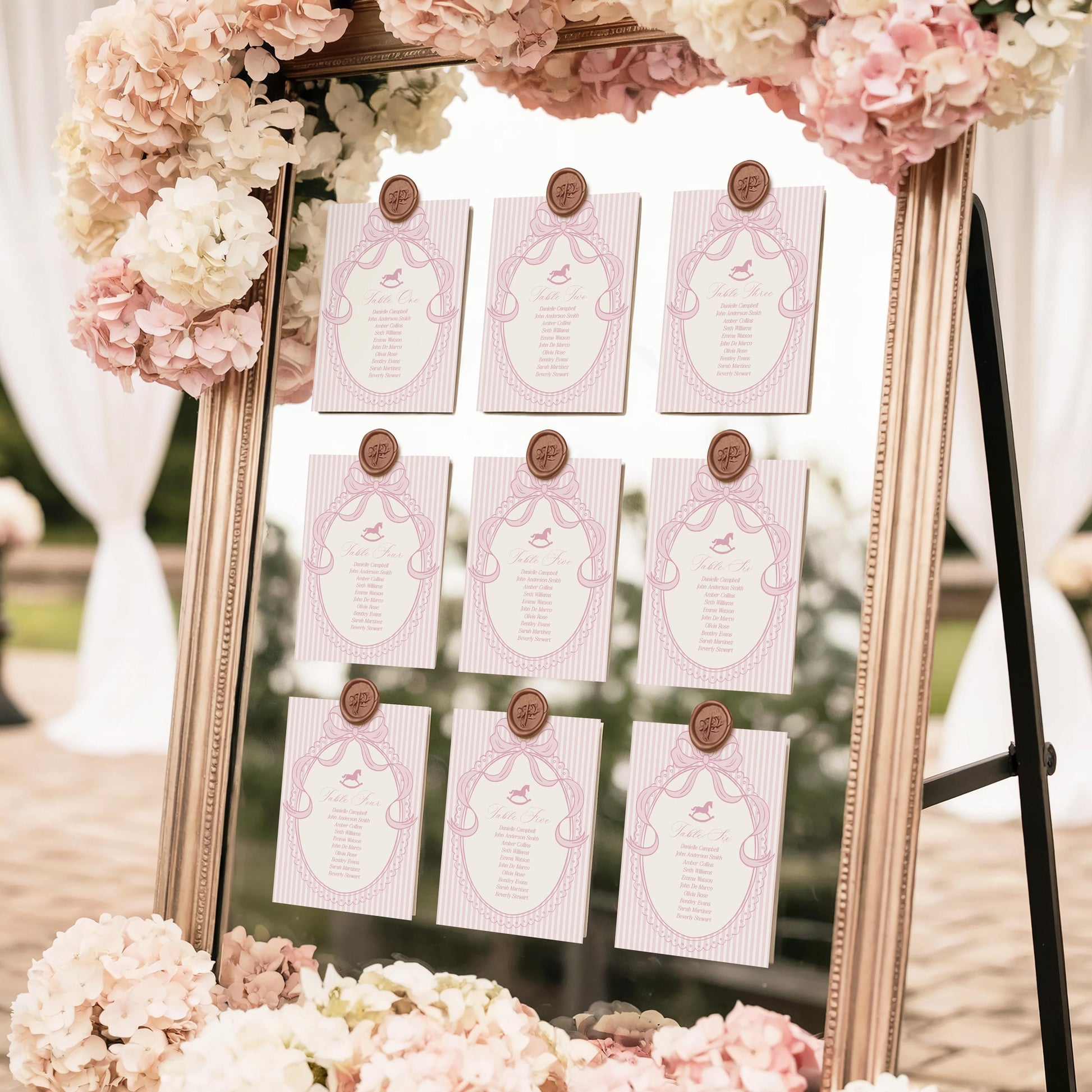 Pink Coquette Bow Rocking Horse Seating Chart Cards Template, Striped Preppy Baby Shower, Classic First Birthday Party WP1094