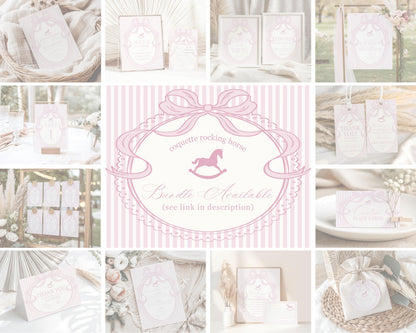 Pink Coquette Bow Rocking Horse Seating Chart Poster Template, Striped Preppy Baby Shower, Classic First Birthday Party WP1094