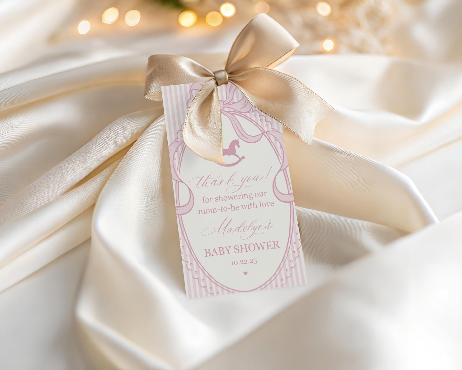 Pink Coquette Bow Rocking Horse Baby Shower Favor Tags Template, Striped Preppy Baby Sprinkle, Heirloom Inspired Brunch with Mom WP1094