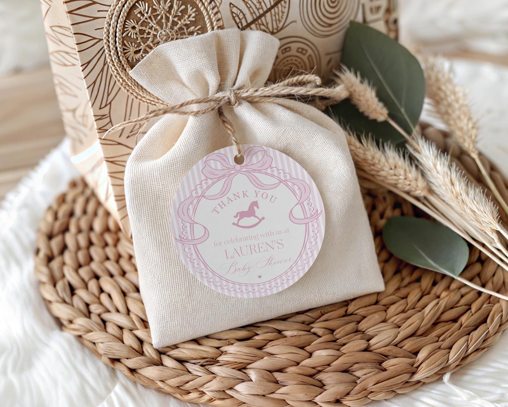 Pink Coquette Bow Rocking Horse Birthday Party Favor Tags Template, Preppy Striped First Birthday Party WP1094