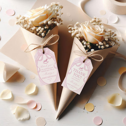 Pink Coquette Bow Rocking Horse Birthday Party Favor Tags Template, Preppy Striped First Birthday Party WP1094
