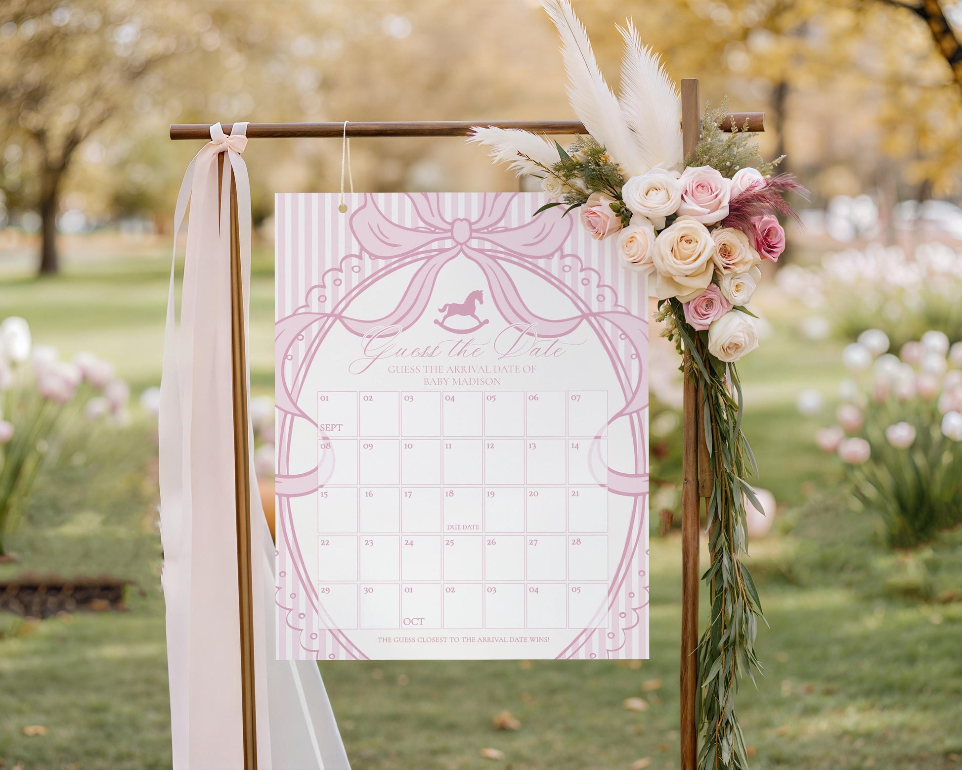 Pink Coquette Bow Rocking Horse Baby Shower Guess the Date Game Template, Striped Preppy Baby Sprinkle WP1094