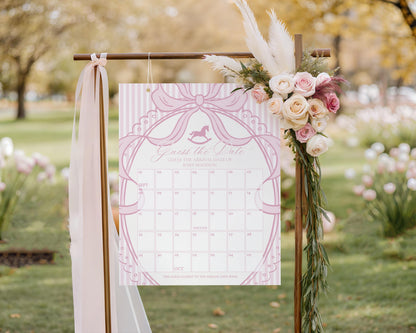 Pink Coquette Bow Rocking Horse Baby Shower Guess the Date Game Template, Striped Preppy Baby Sprinkle WP1094