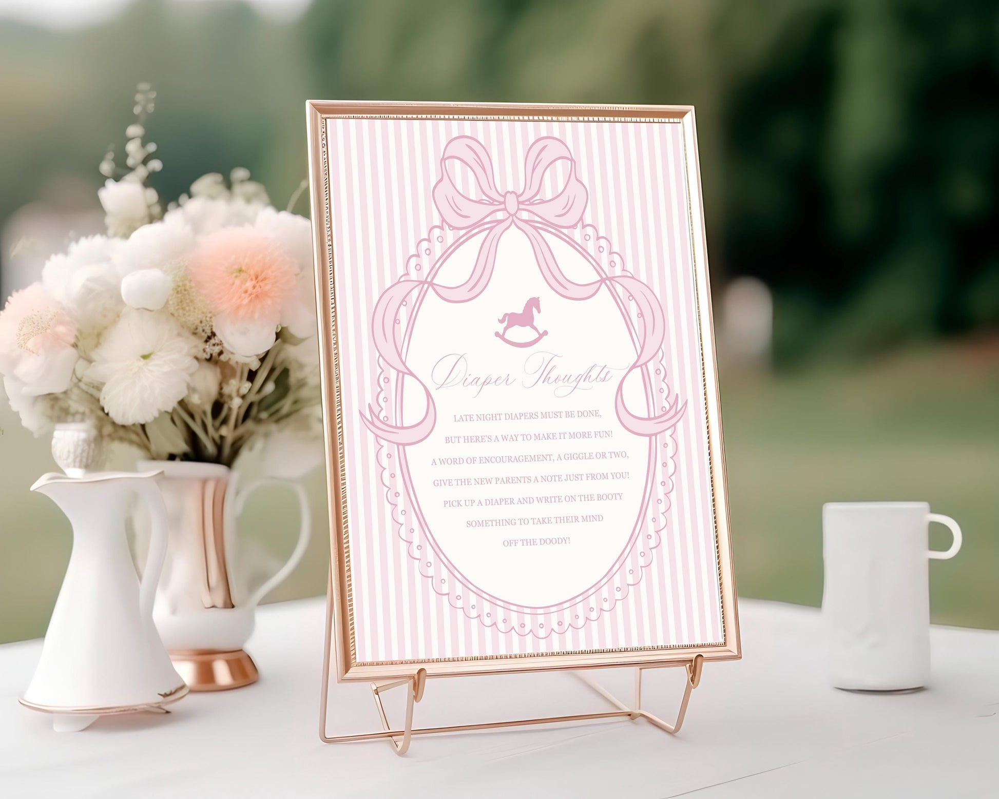 Pink Coquette Bow Rocking Horse Baby Shower Diaper Thoughts Sign Template, Striped Preppy Baby Sprinkle WP1094