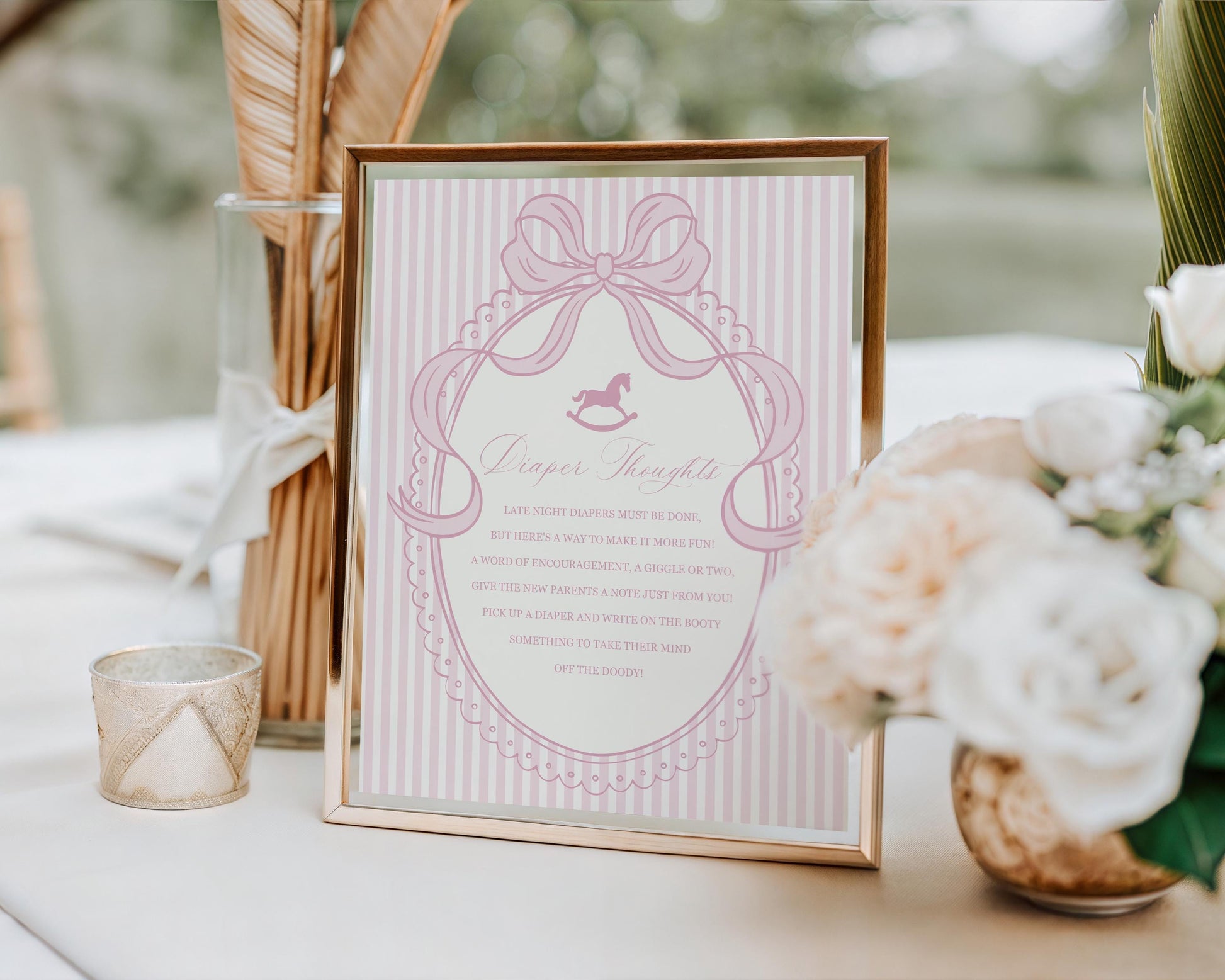 Pink Coquette Bow Rocking Horse Baby Shower Diaper Thoughts Sign Template, Striped Preppy Baby Sprinkle WP1094