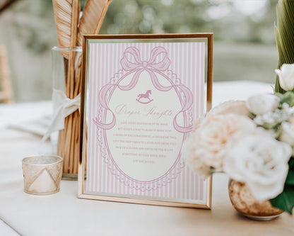 Pink Coquette Bow Rocking Horse Baby Shower Diaper Thoughts Sign Template, Striped Preppy Baby Sprinkle WP1094
