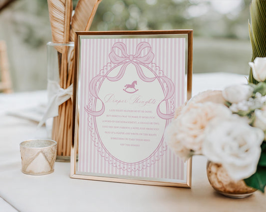 Pink Coquette Bow Rocking Horse Baby Shower Diaper Thoughts Sign Template, Striped Preppy Baby Sprinkle WP1094