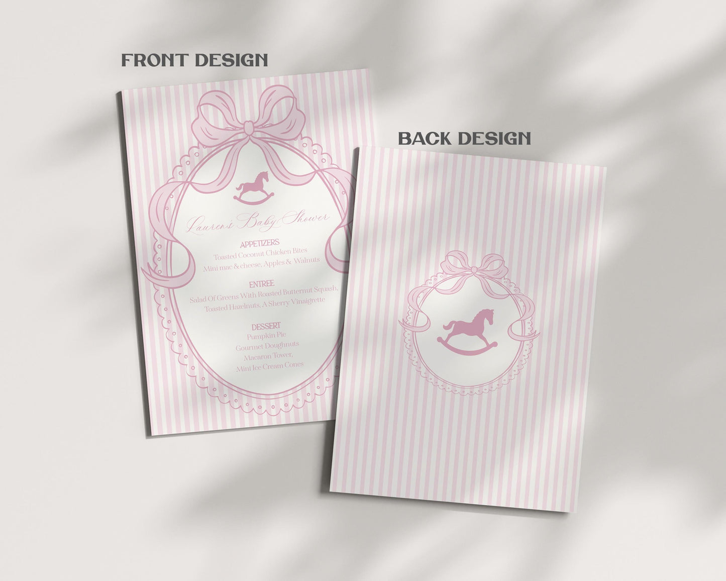 Pink Coquette Bow Rocking Horse Menu Template, Striped Preppy Baby Shower, Classic First Birthday Party WP1094