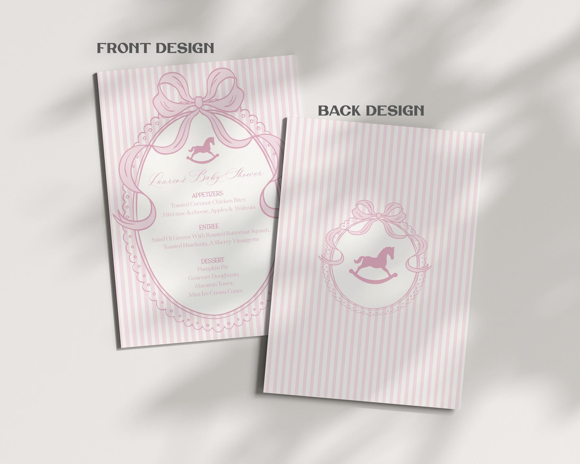 Pink Coquette Bow Rocking Horse Menu Template, Striped Preppy Baby Shower, Classic First Birthday Party WP1094