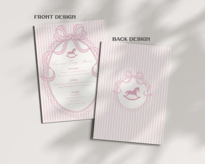 Pink Coquette Bow Rocking Horse Menu Template, Striped Preppy Baby Shower, Classic First Birthday Party WP1094
