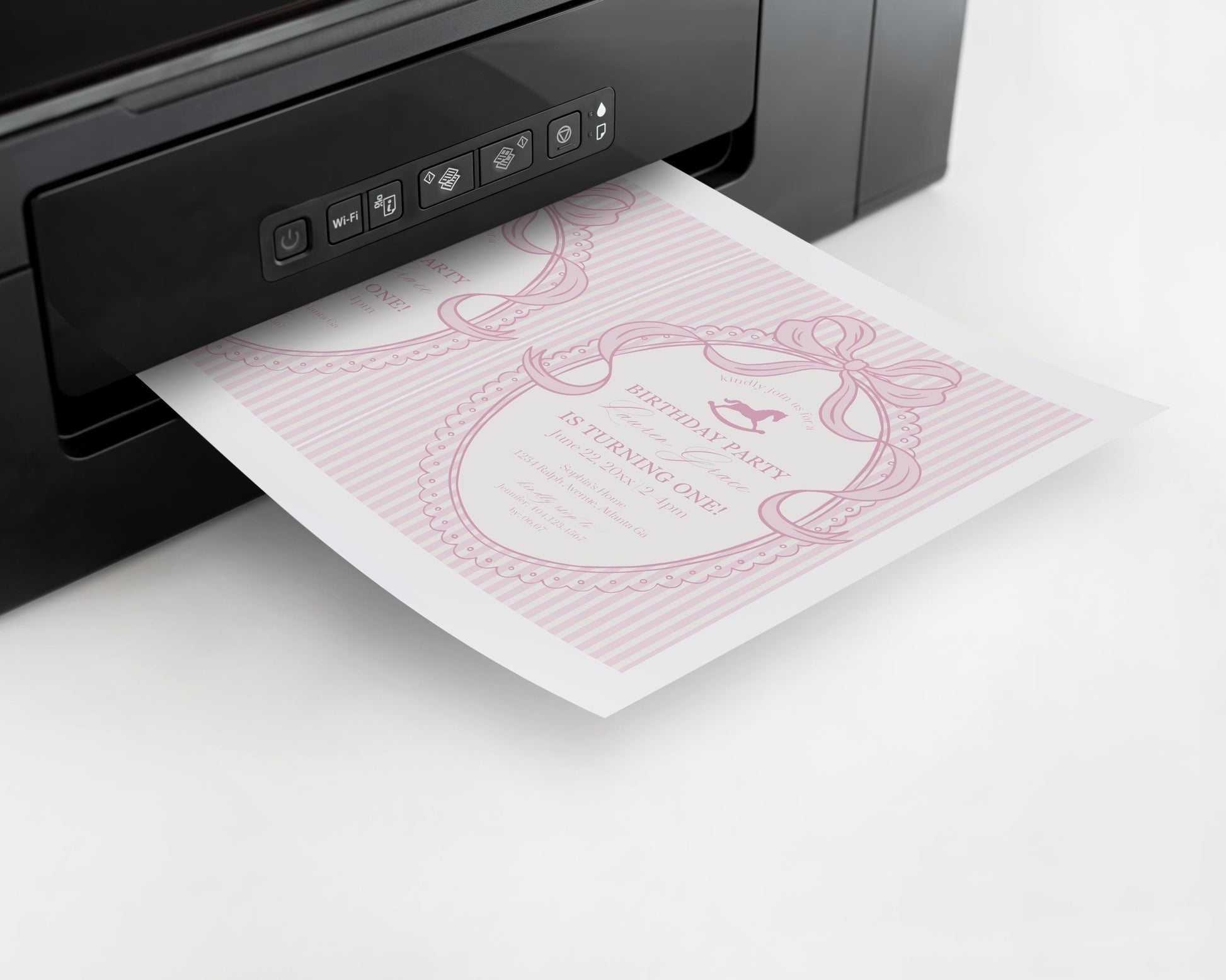 Pink Coquette Bow Rocking Horse Menu Template, Striped Preppy Baby Shower, Classic First Birthday Party WP1094