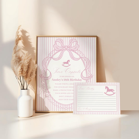 Pink Coquette Bow Rocking Horse Time Capsule Template, Preppy Striped First Birthday Party, Heirloom Inspired Timeless Bday WP1094