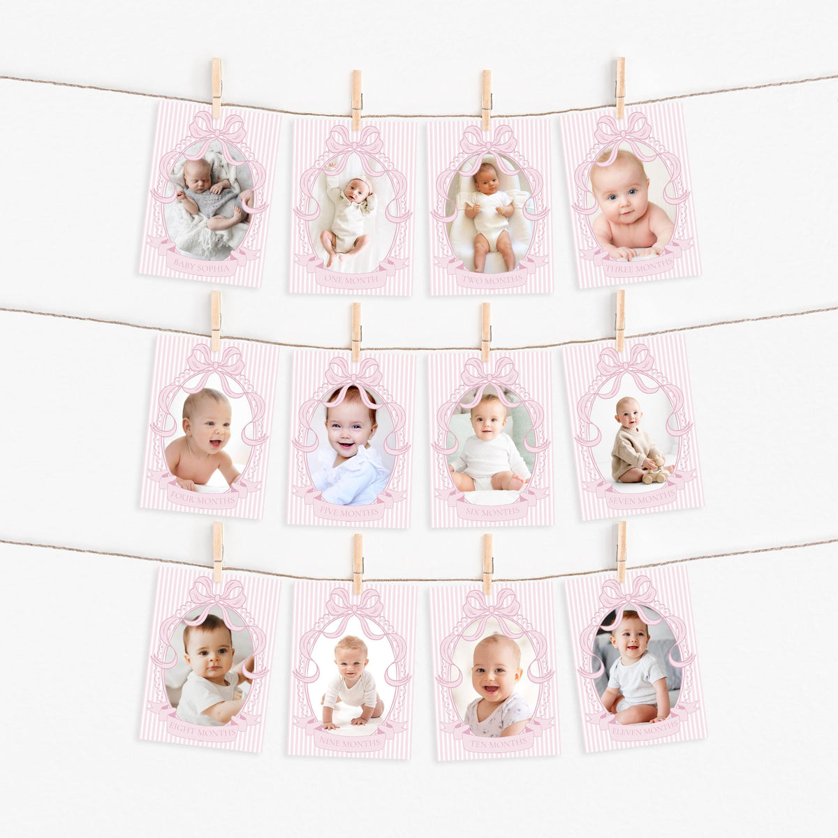 Pink Coquette Bow Rocking Horse 1st Birthday Milestone Banner Template, Preppy Striped First Birthday Party WP1094