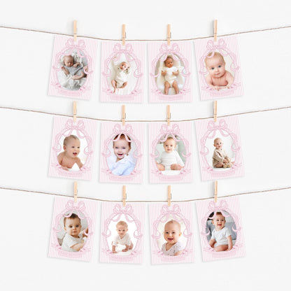Pink Coquette Bow Rocking Horse 1st Birthday Milestone Banner Template, Preppy Striped First Birthday Party WP1094
