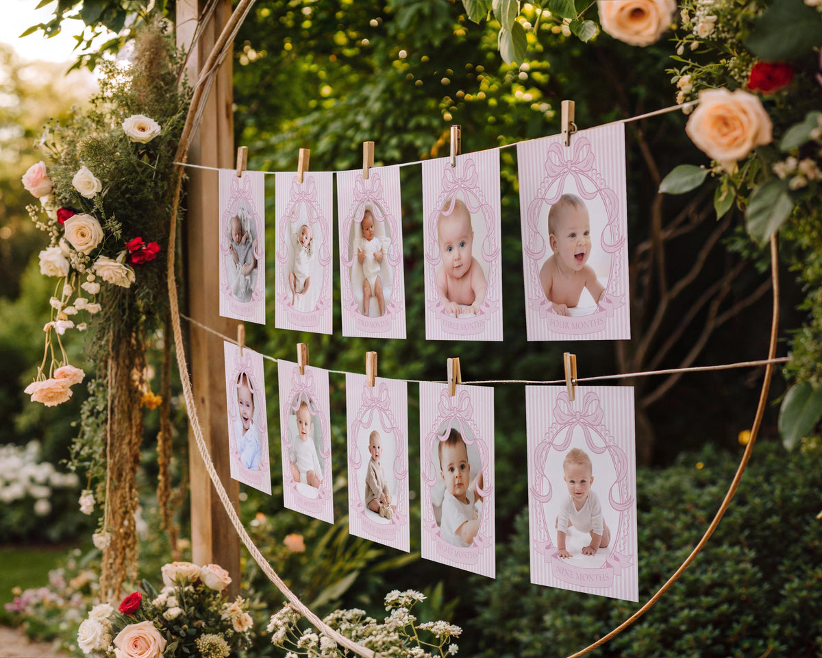 Pink Coquette Bow Rocking Horse 1st Birthday Milestone Banner Template, Preppy Striped First Birthday Party WP1094