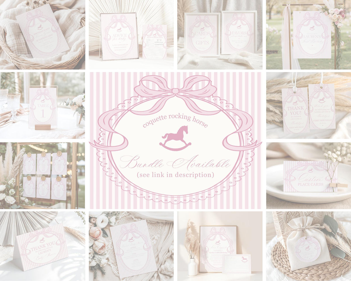 Pink Coquette Bow Rocking Horse 1st Birthday Milestone Banner Template, Preppy Striped First Birthday Party WP1094