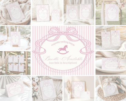 Pink Coquette Bow Rocking Horse 1st Birthday Milestone Banner Template, Preppy Striped First Birthday Party WP1094