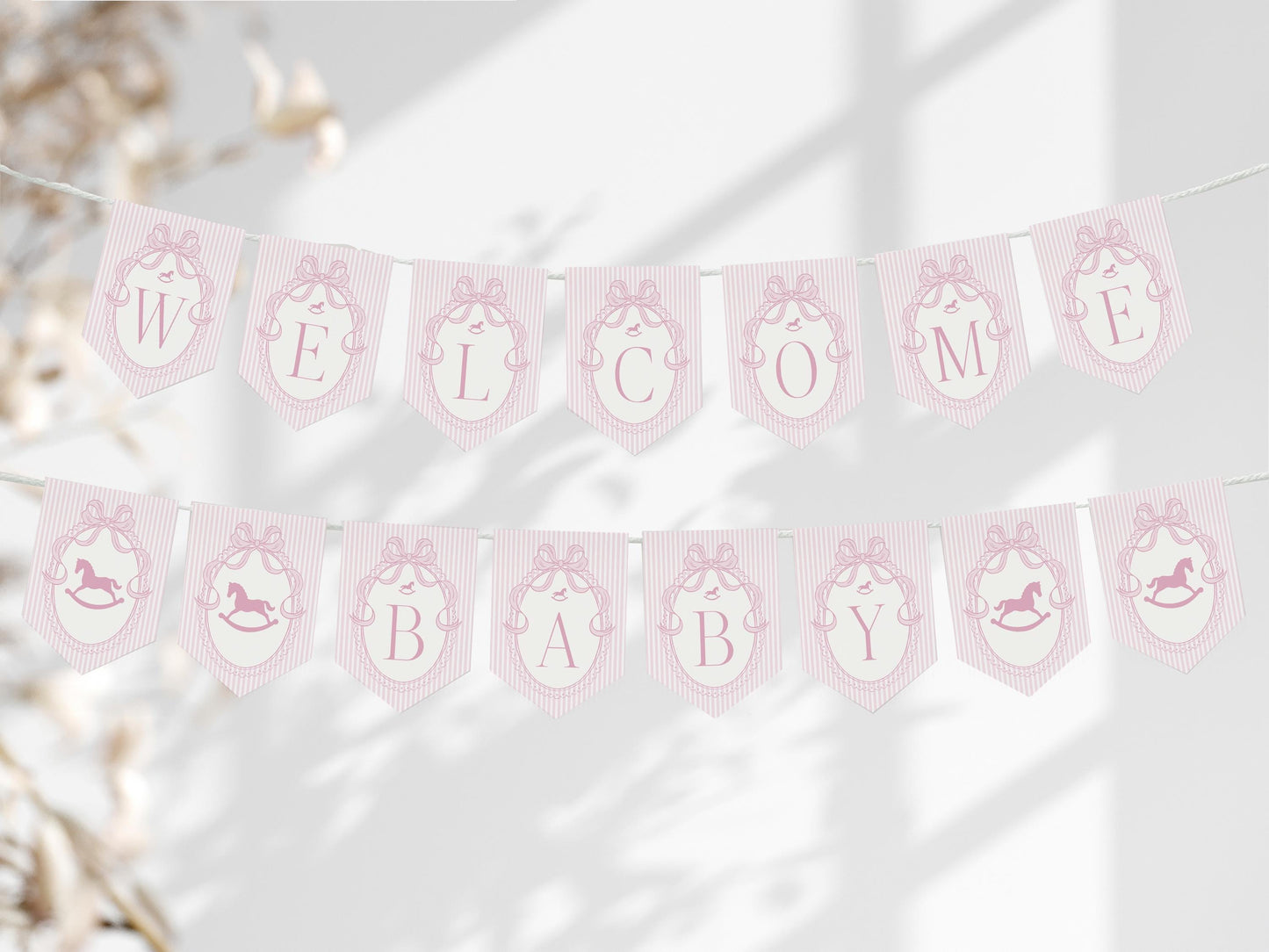 Pink Coquette Bow Rocking Horse Baby Shower Banner Template, Striped Preppy Baby Sprinkle, Heirloom Inspired Brunch with Mom to Be WP1094