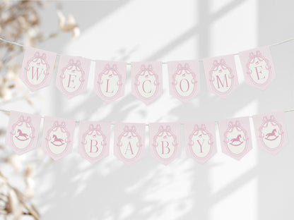 Pink Coquette Bow Rocking Horse Baby Shower Banner Template, Striped Preppy Baby Sprinkle, Heirloom Inspired Brunch with Mom to Be WP1094