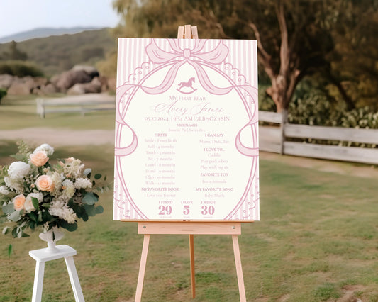 Pink Coquette Bow Rocking Horse First Year Milestone Sign Printable Template, Preppy Striped First Birthday Party WP1094