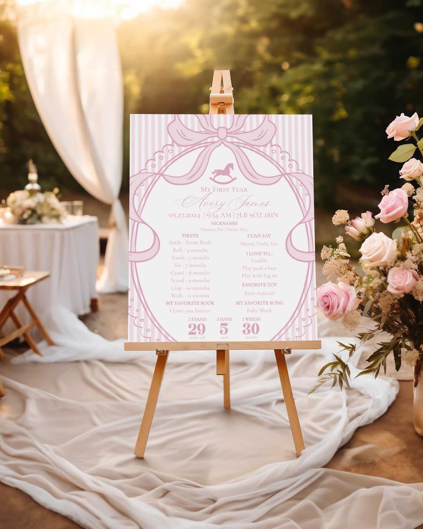 Pink Coquette Bow Rocking Horse First Year Milestone Sign Printable Template, Preppy Striped First Birthday Party WP1094