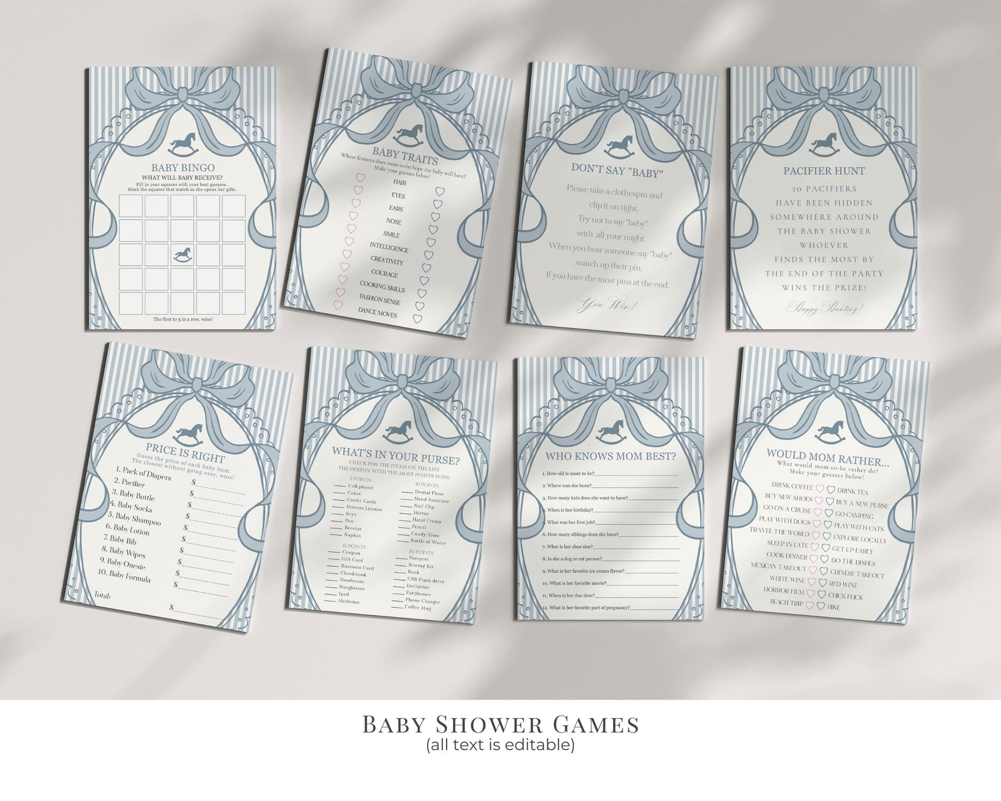 Blue Coquette Bow Rocking Horse Baby Shower Bundle Printable Template, Striped Preppy Baby Sprinkle, Heirloom Brunch with Mom to Be WP1095