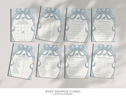 Blue Coquette Bow Rocking Horse Baby Shower Bundle Printable Template, Striped Preppy Baby Sprinkle, Heirloom Brunch with Mom to Be WP1095