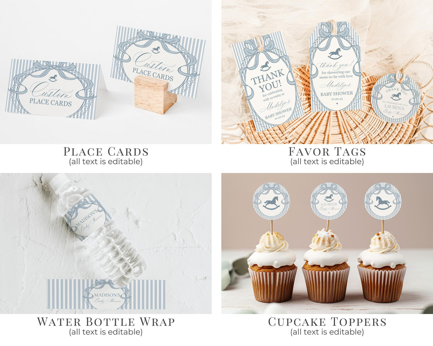 Blue Coquette Bow Rocking Horse Baby Shower Bundle Printable Template, Striped Preppy Baby Sprinkle, Heirloom Brunch with Mom to Be WP1095
