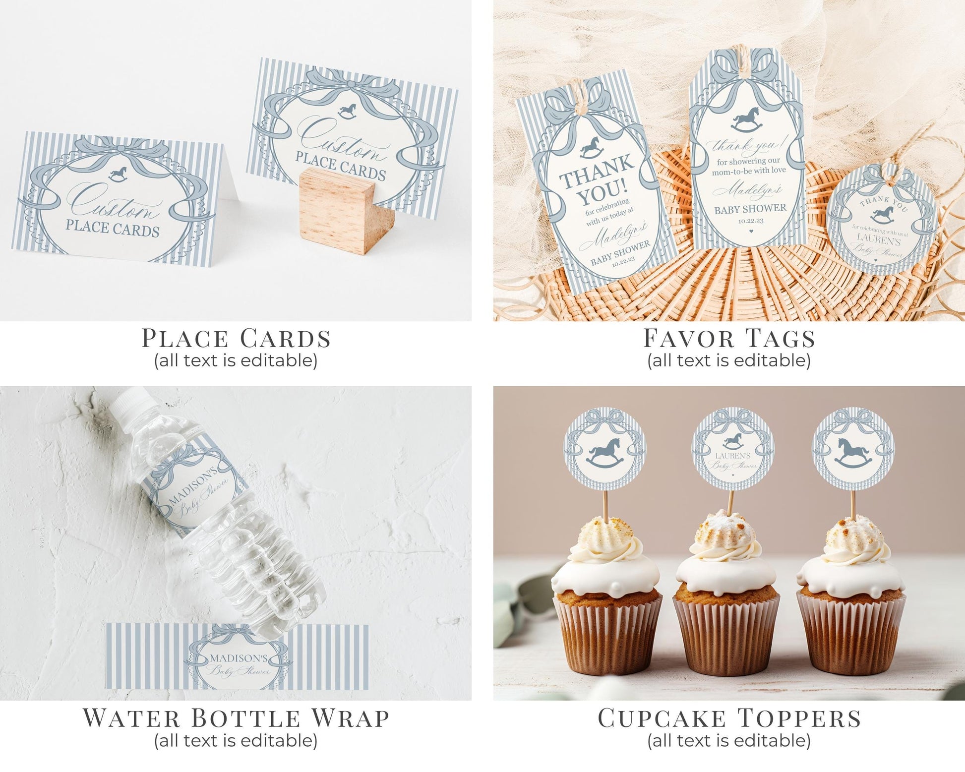 Blue Coquette Bow Rocking Horse Baby Shower Bundle Printable Template, Striped Preppy Baby Sprinkle, Heirloom Brunch with Mom to Be WP1095